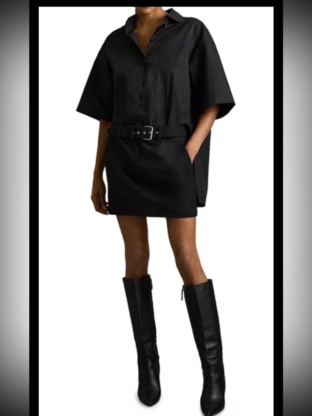 Reiss Alice Mixed Media Black Shirt Dress SS size 10 US / 14UK